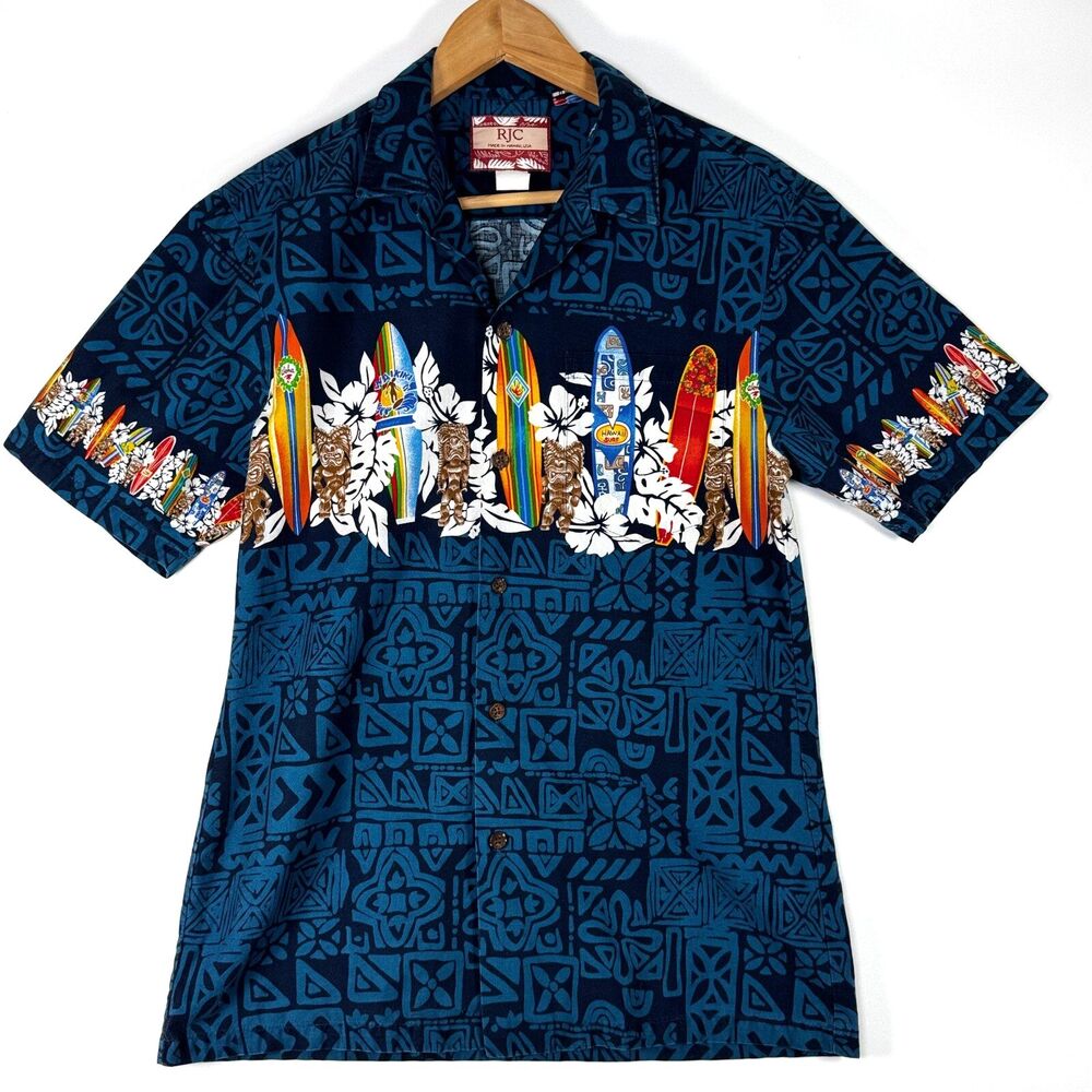 RJC Hawaii Aloha Shirt Mens Medium Blue Surfboard Tiki‎ Floral Camp Button Up